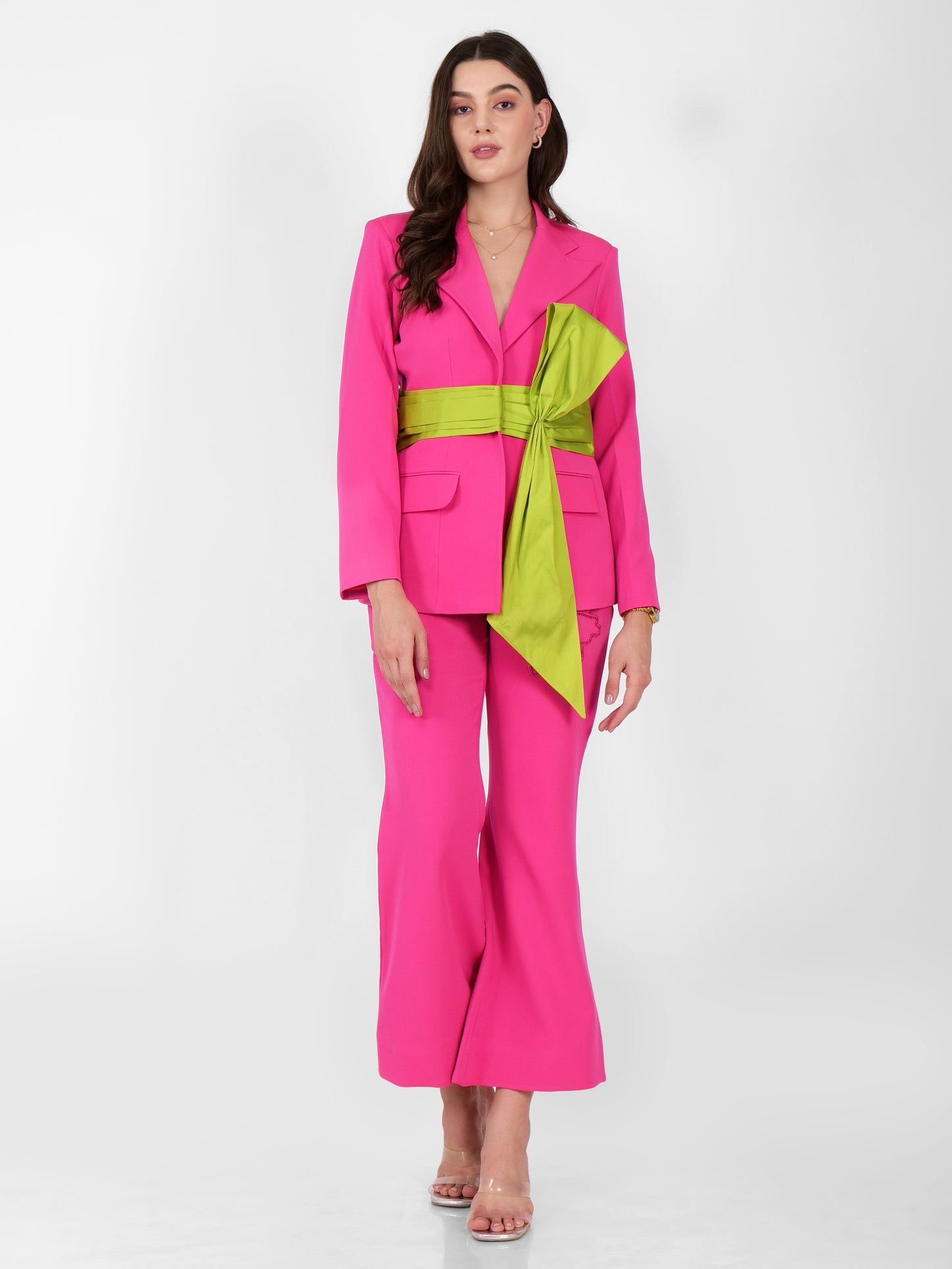 Chic Hot Pink Pantsuit with Green Sash Belt