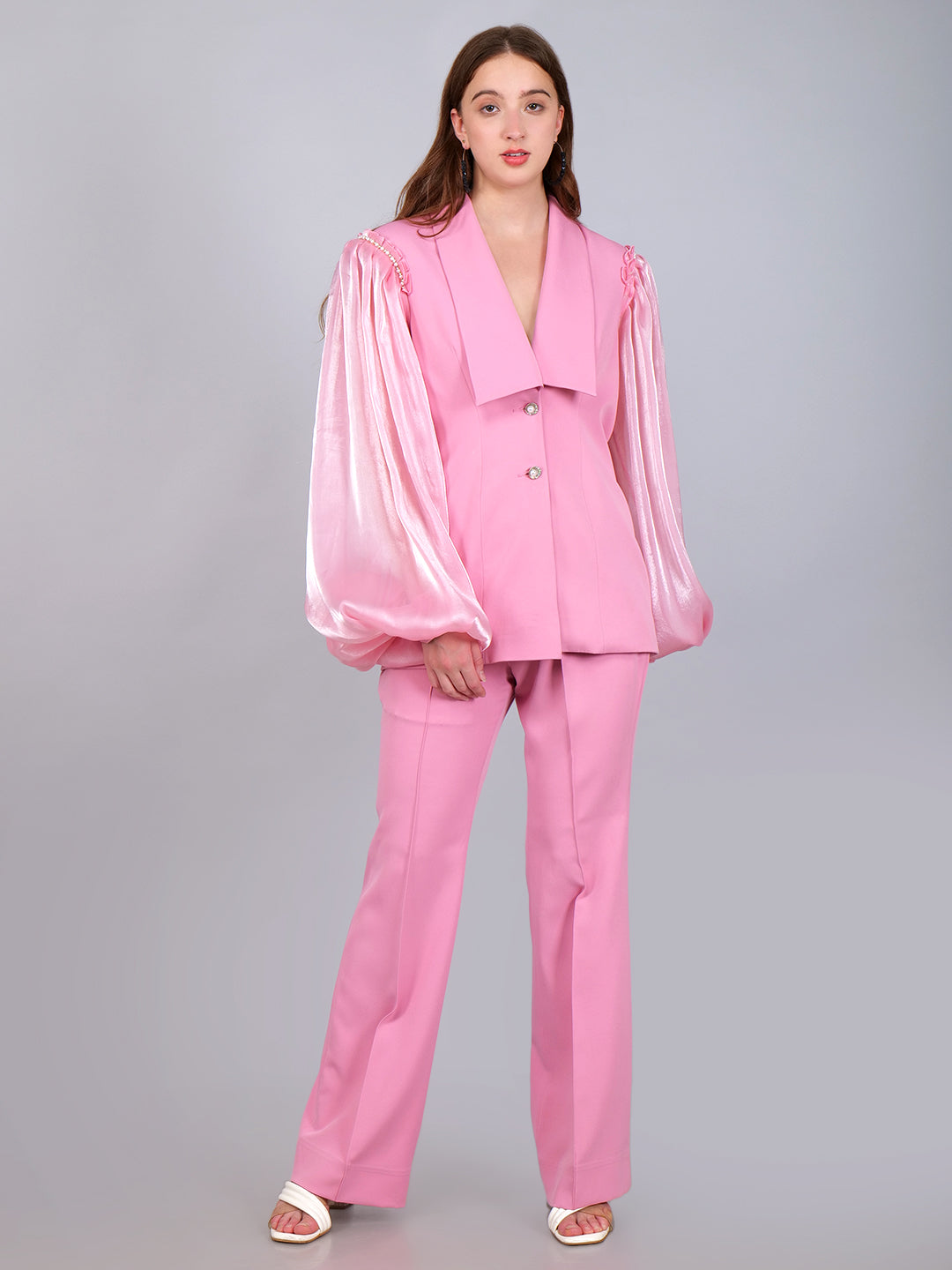 Light Pink Tulle Sleeves Double Button Co-ord Set
