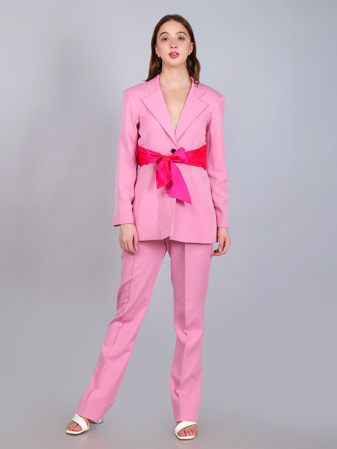 Pink Blazer With Contrast Criss-Cross Back and Front Tie With Straight Pant