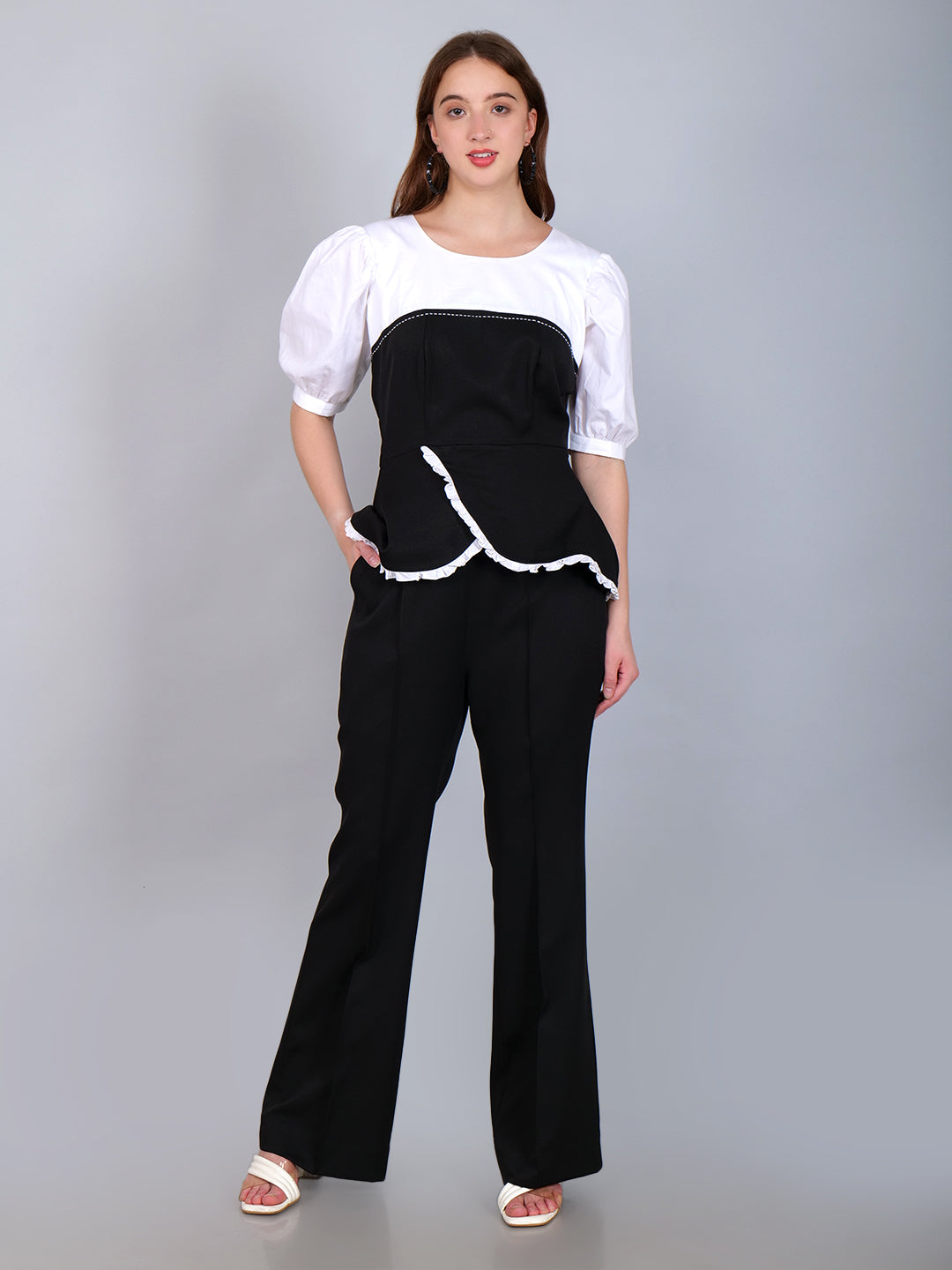 Black-White Overlap Flap Top With Bell-Bottom Pant