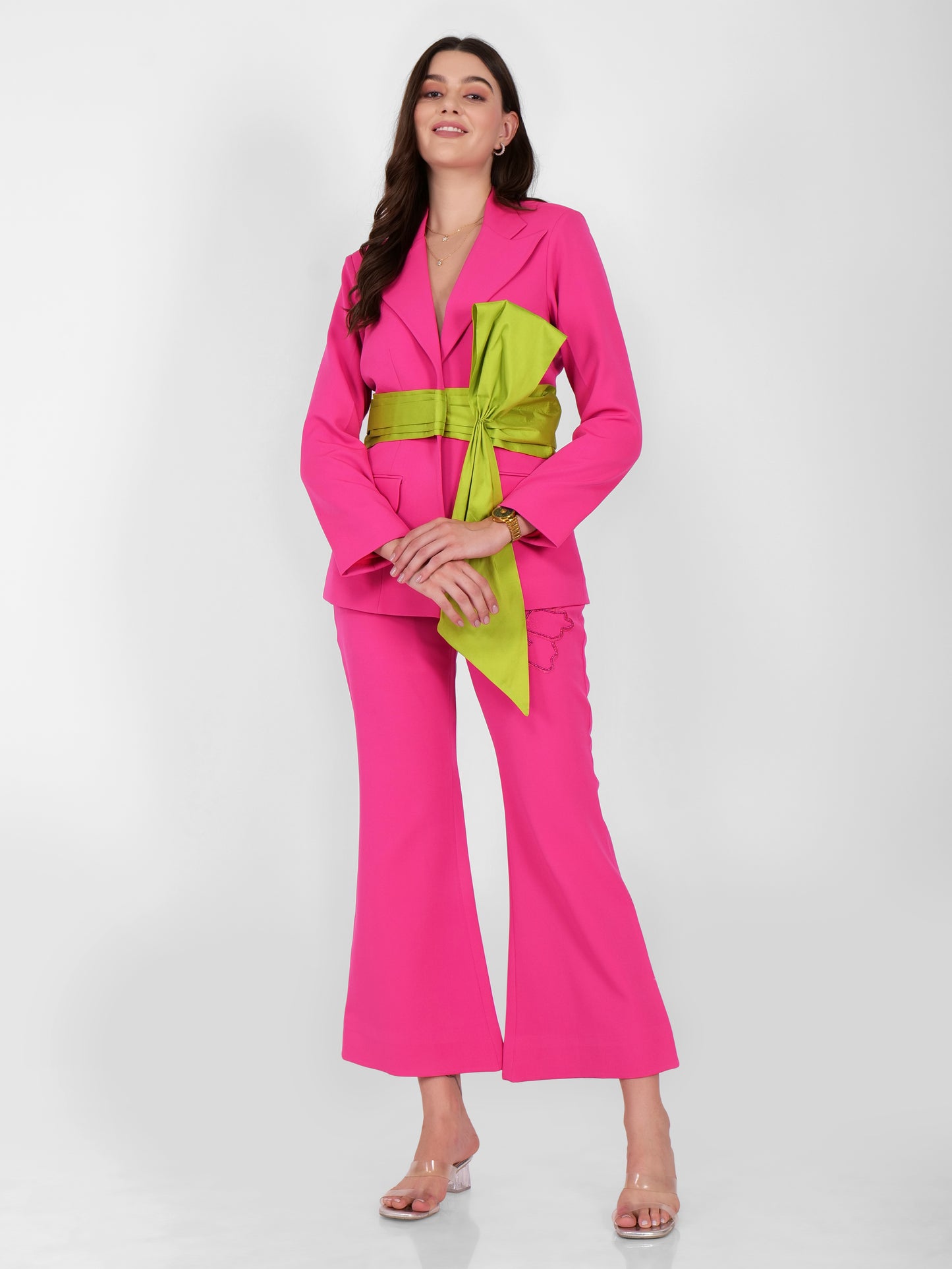 Chic Hot Pink Pantsuit with Green Sash Belt