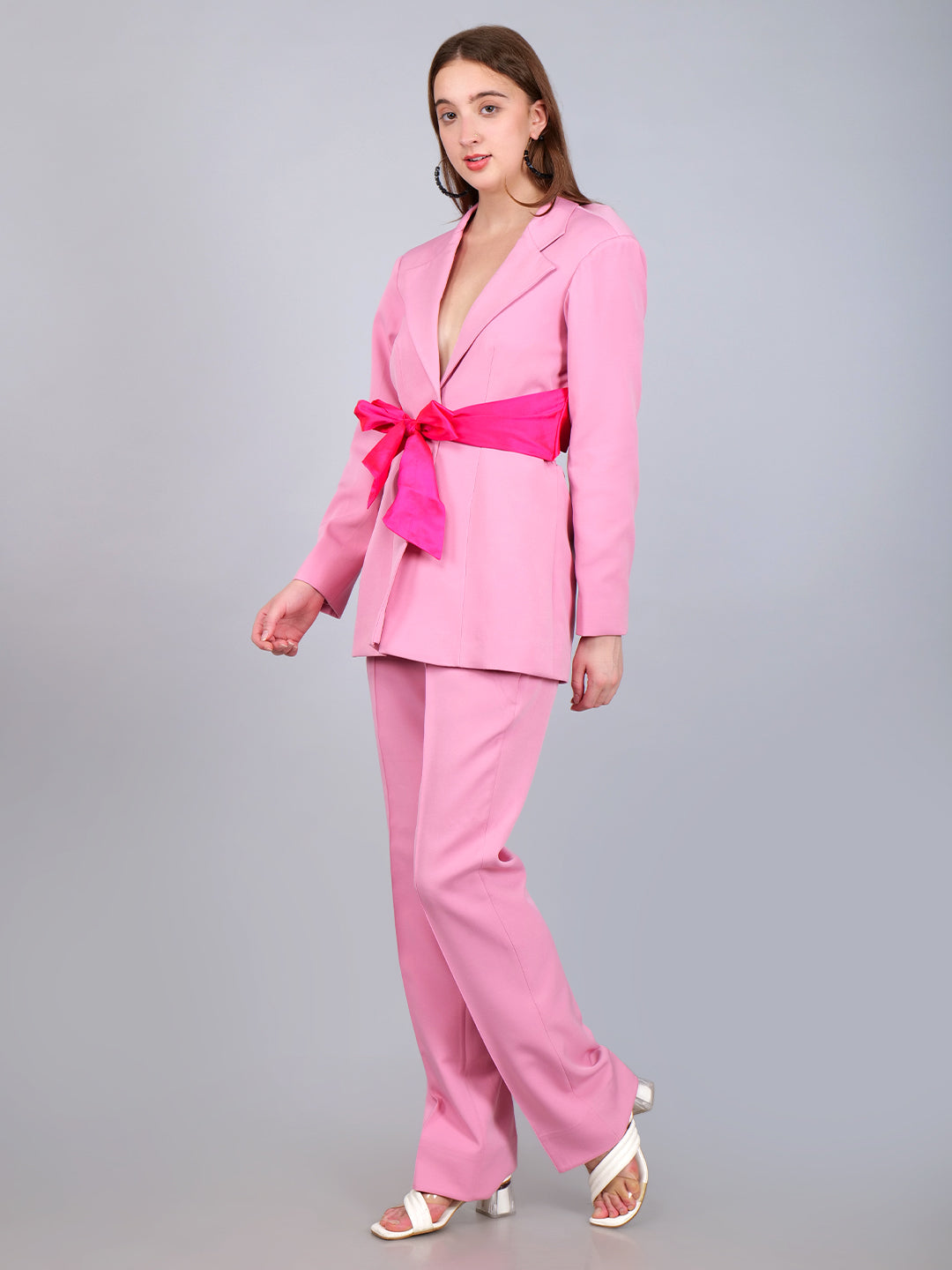 Pink Blazer With Contrast Criss-Cross Back and Front Tie With Straight Pant