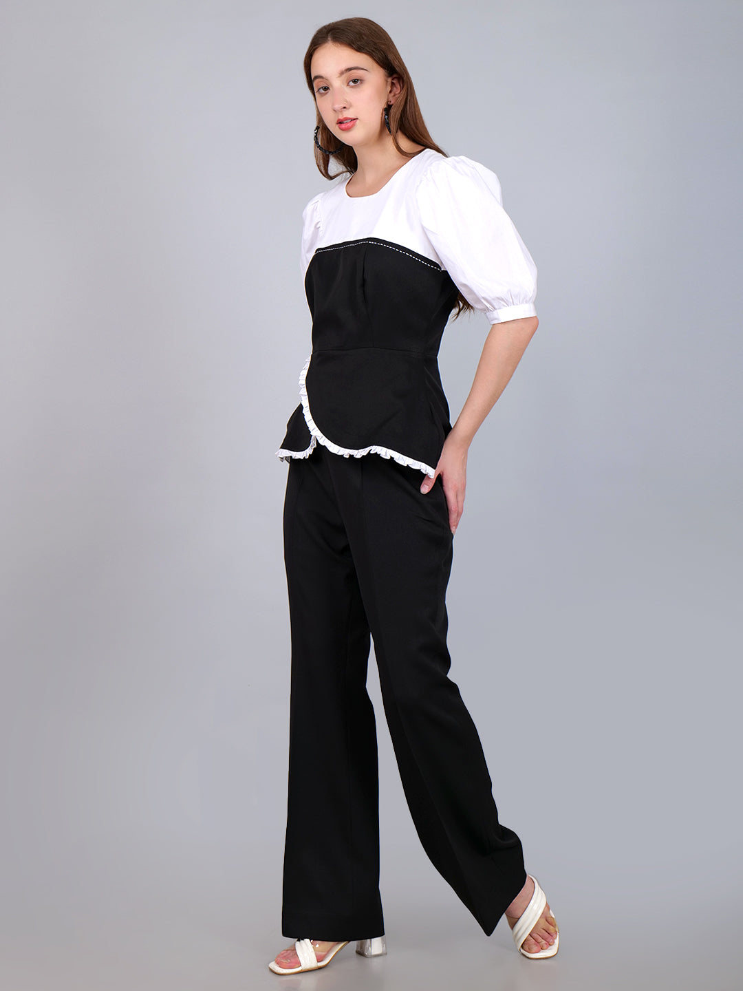 Black-White Overlap Flap Top With Bell-Bottom Pant