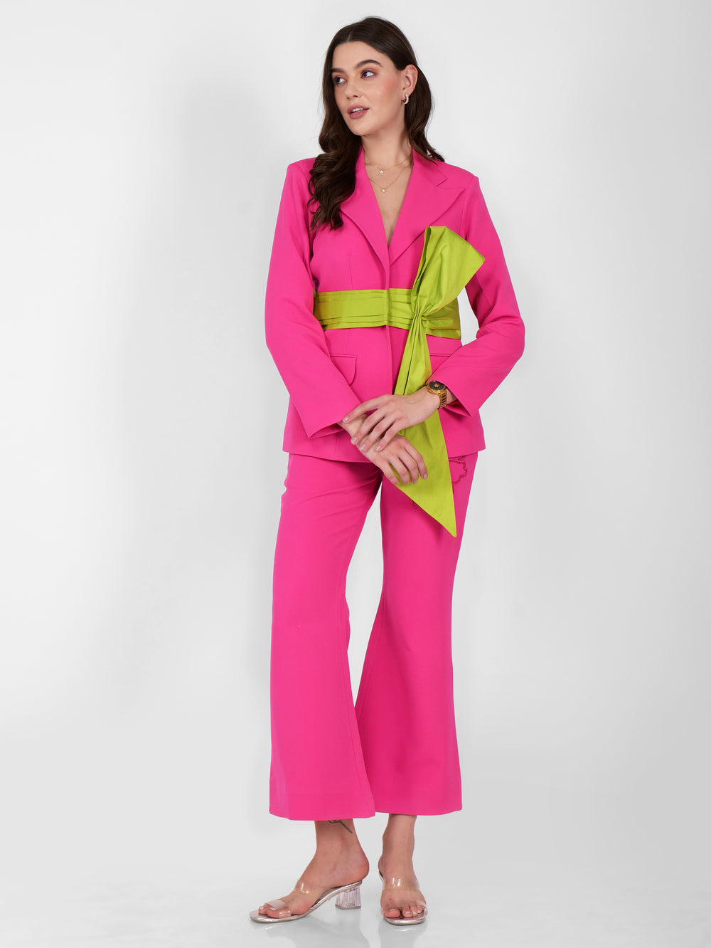 Chic Hot Pink Pantsuit with Green Sash Belt