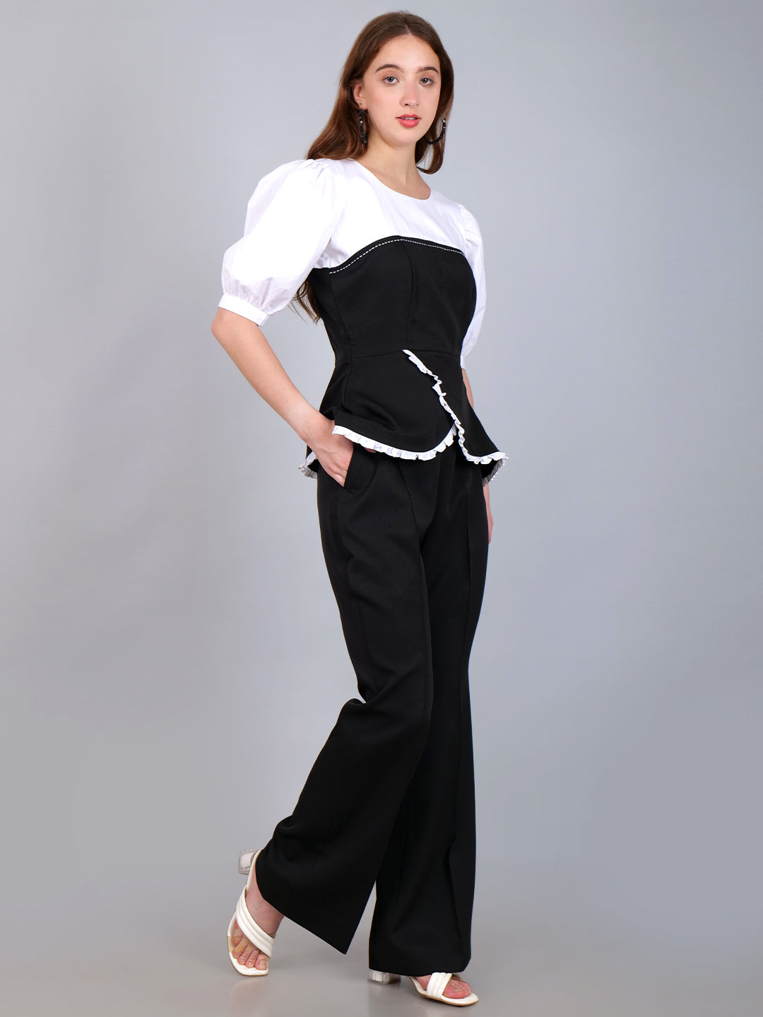 Black-White Overlap Flap Top With Bell-Bottom Pant