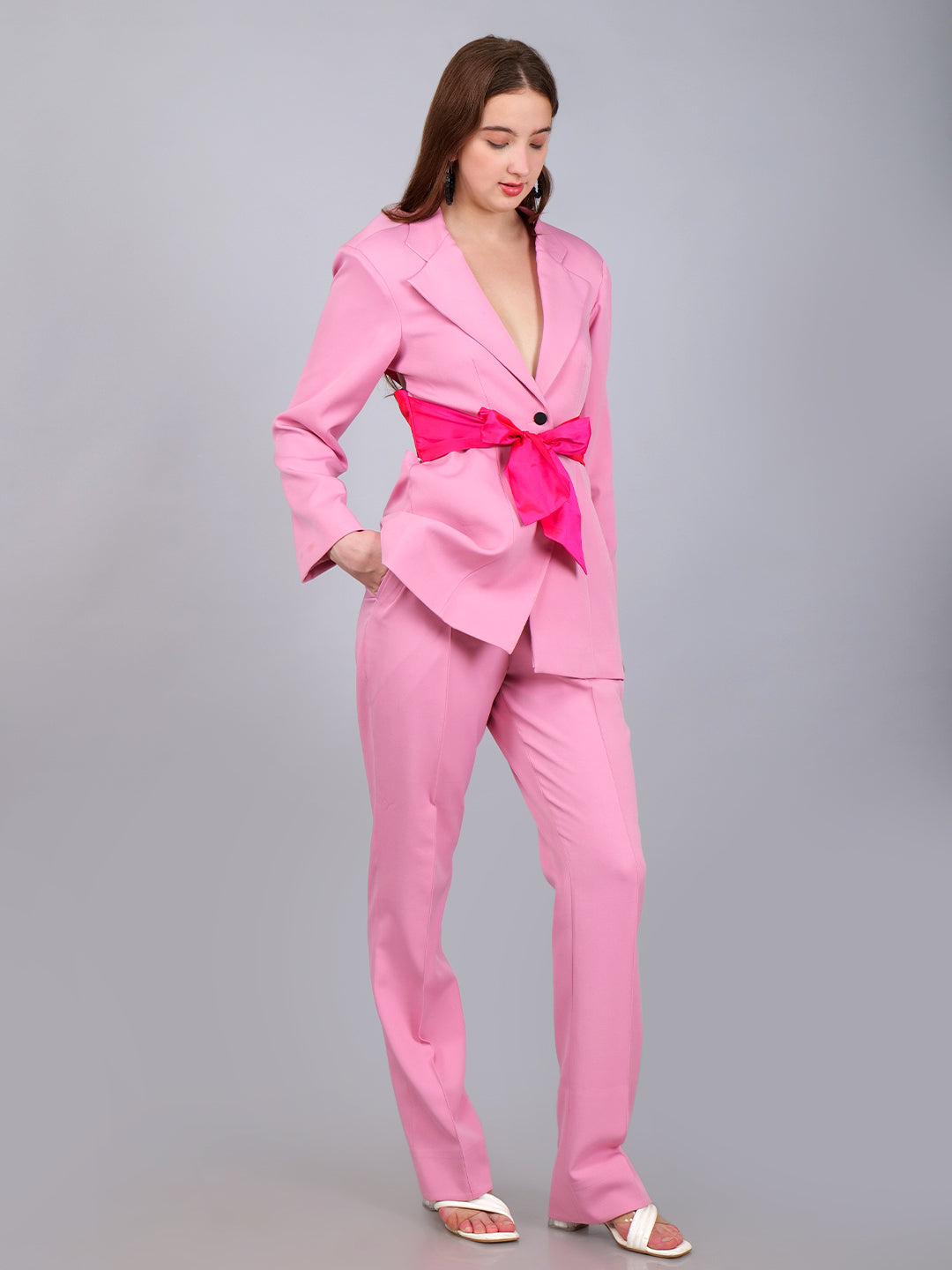 Pink Blazer With Contrast Criss-Cross Back and Front Tie With Straight Pant