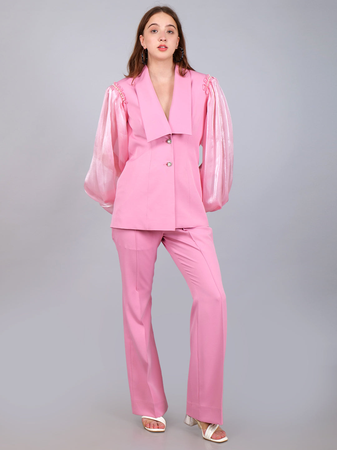 Light Pink Tulle Sleeves Double Button Co-ord Set