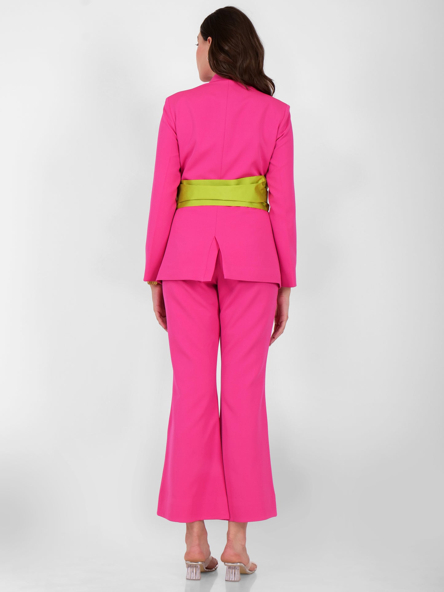 Chic Hot Pink Pantsuit with Green Sash Belt