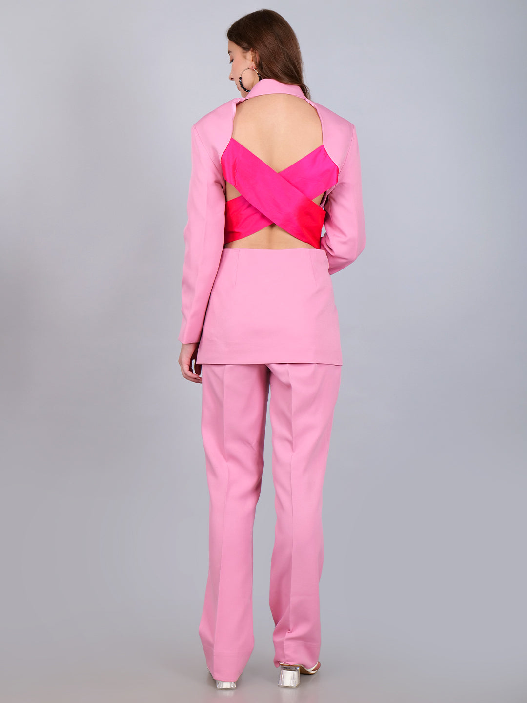 Pink Blazer With Contrast Criss-Cross Back and Front Tie With Straight Pant