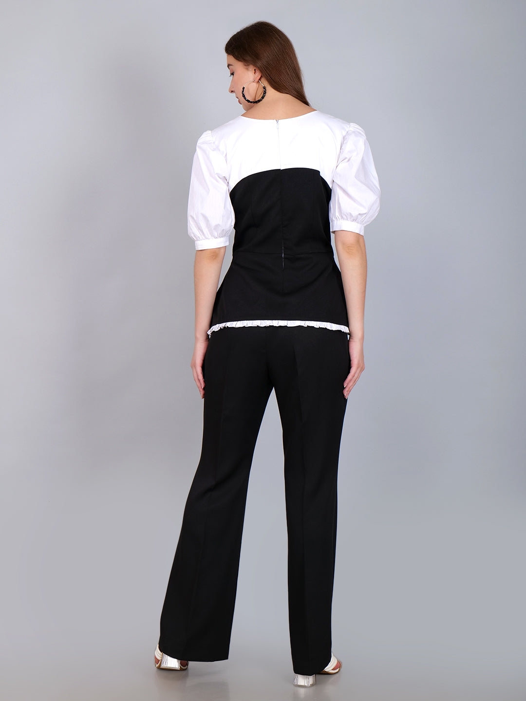 Black-White Overlap Flap Top With Bell-Bottom Pant