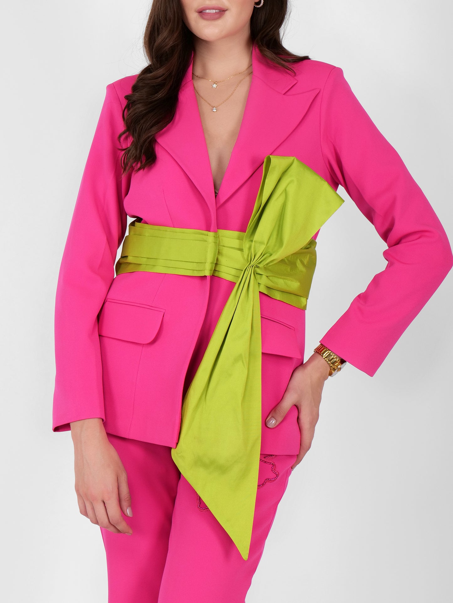Chic Hot Pink Pantsuit with Green Sash Belt