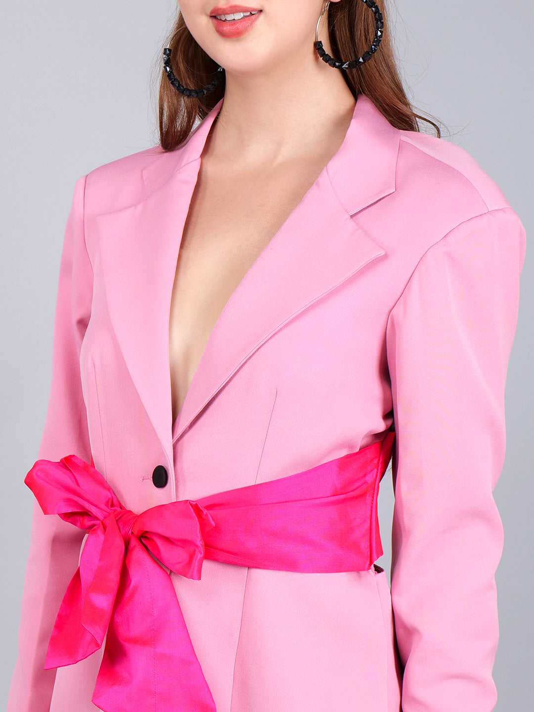 Pink Blazer With Contrast Criss-Cross Back and Front Tie With Straight Pant