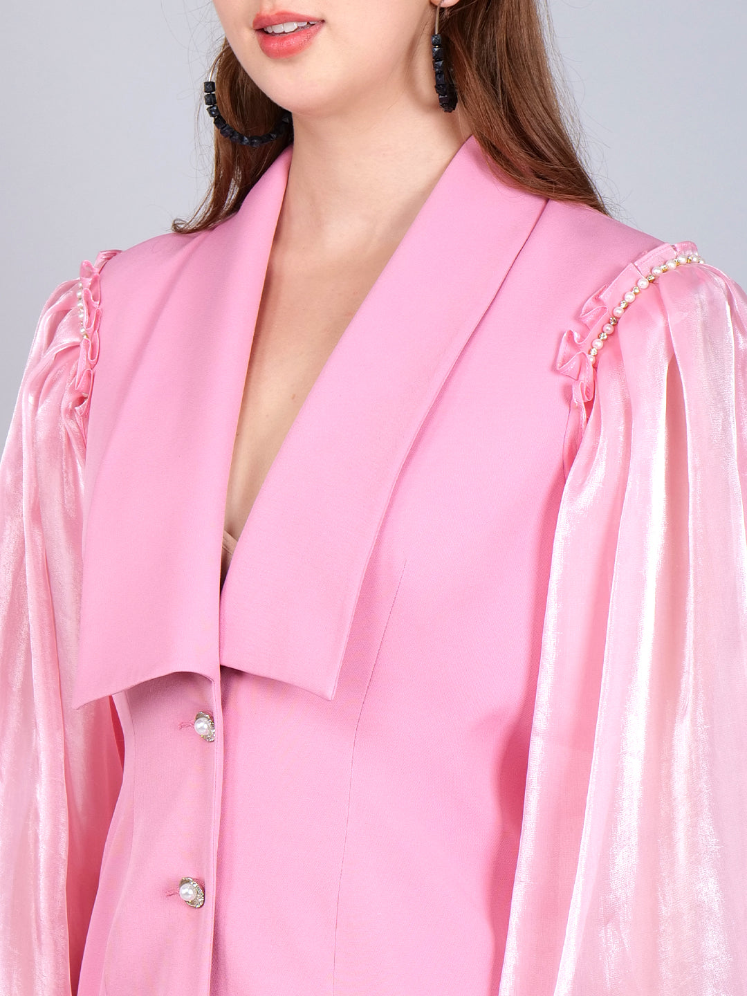 Light Pink Tulle Sleeves Double Button Co-ord Set