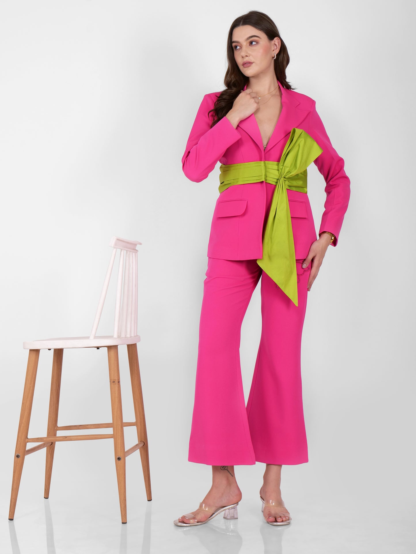 Chic Hot Pink Pantsuit with Green Sash Belt